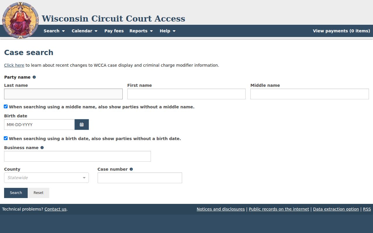 WCCA simple search fields for a Florence County docket search
