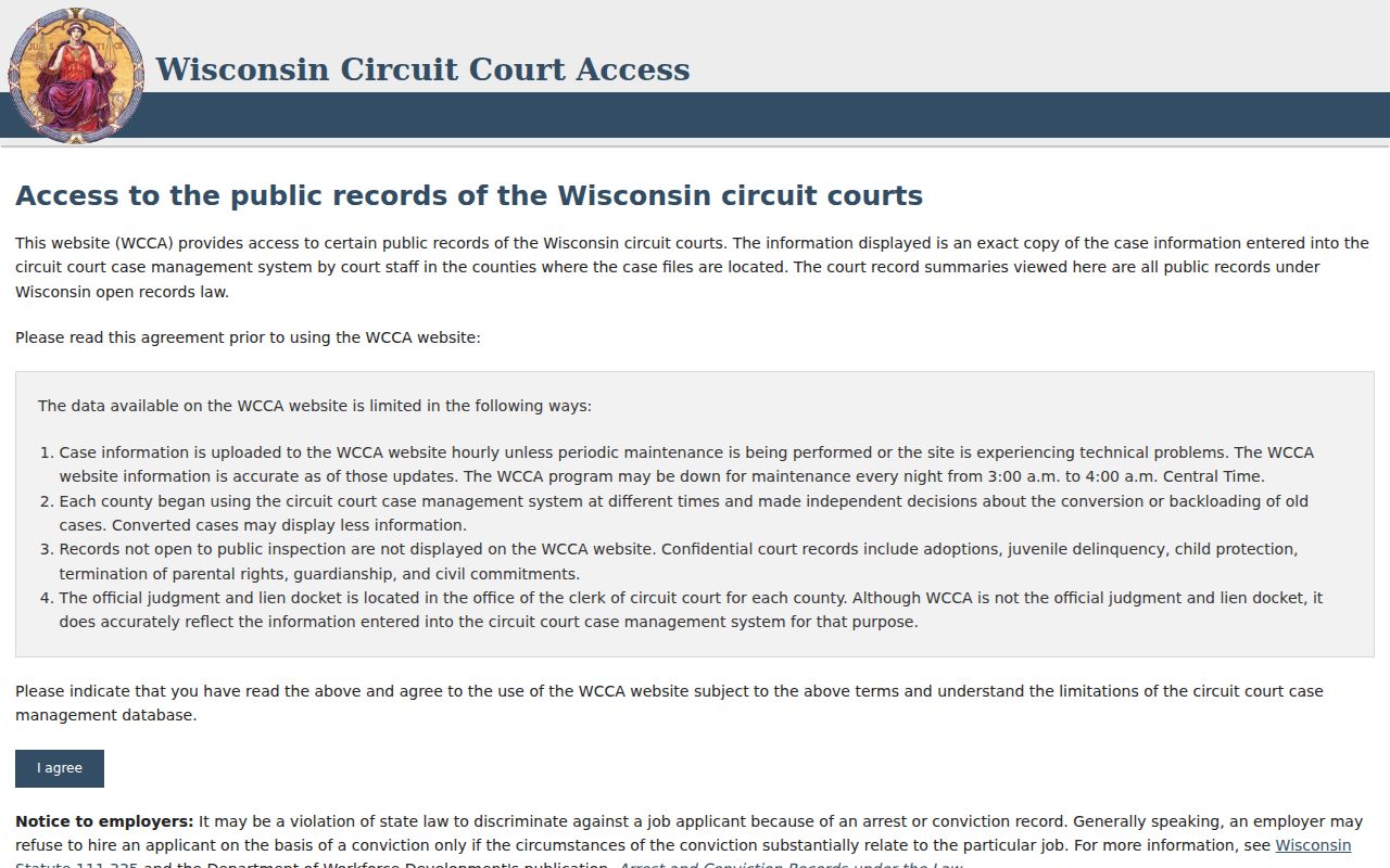 WCCA landing page for Florence County public case information
