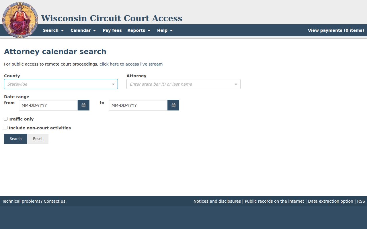 WCCA attorney calendar interface for Florence County activity searches