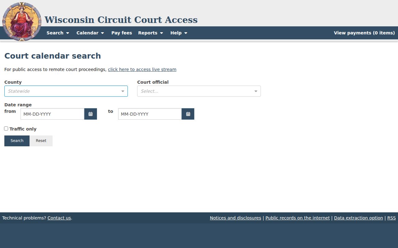 WCCA court official calendar search used for Florence County court dates
