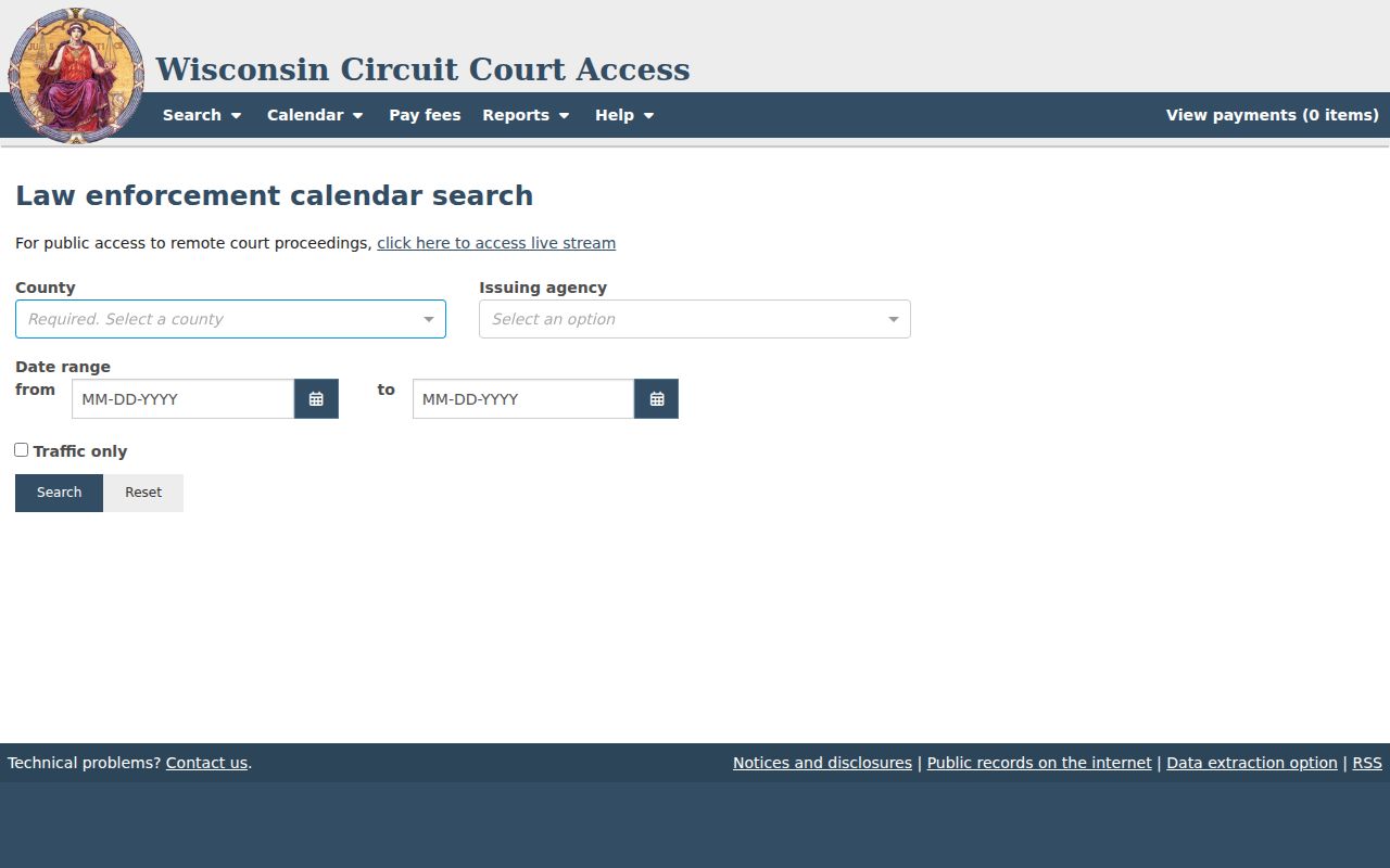 WCCA law-enforcement calendar search for issuing-agency activity