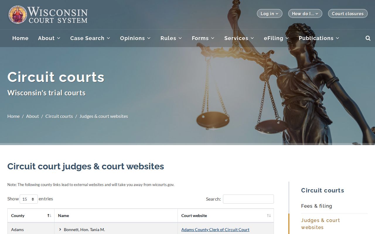 Wisconsin judge directory identifying the paired Florence and Forest County circuit assignment