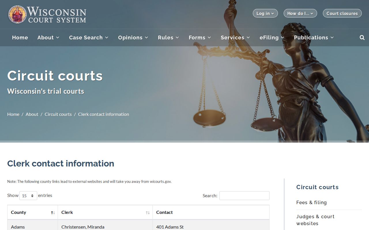 Statewide clerk directory showing the Florence County Clerk of Circuit Court contact route