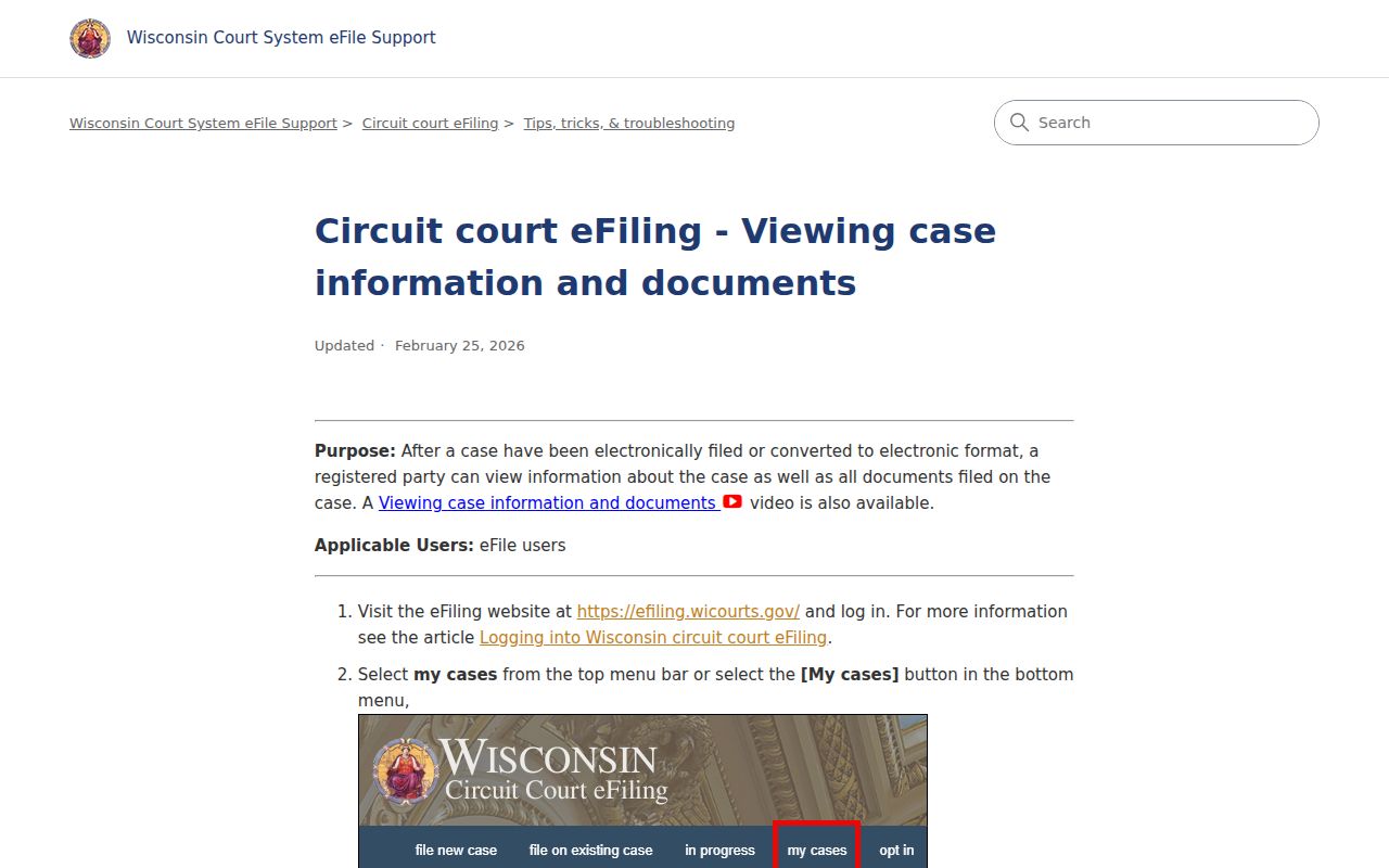 Wisconsin eFiling My Cases help showing document access and restrictions for authorized civil filers