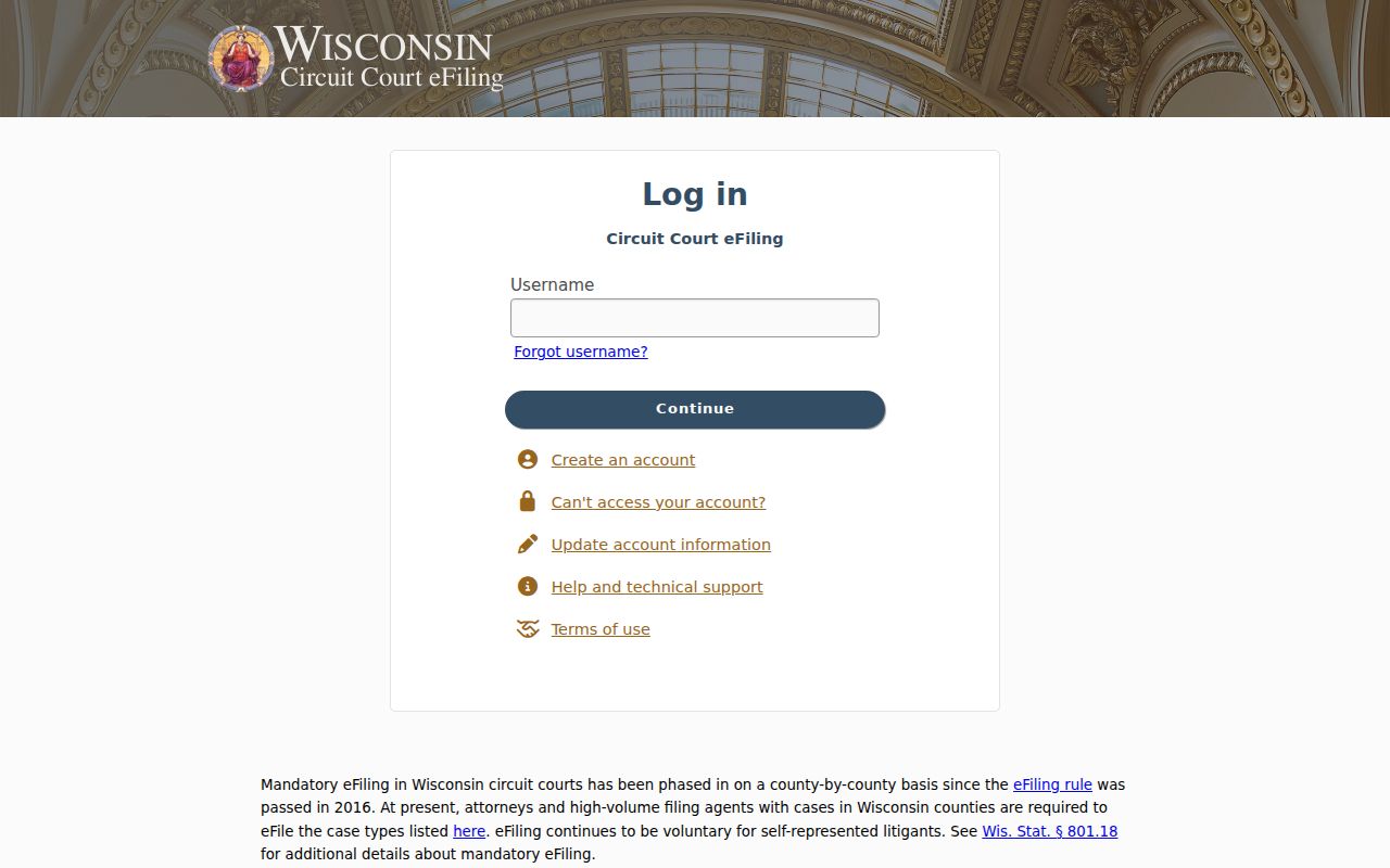 Wisconsin Circuit Court eFiling login used for eligible Florence County civil filings