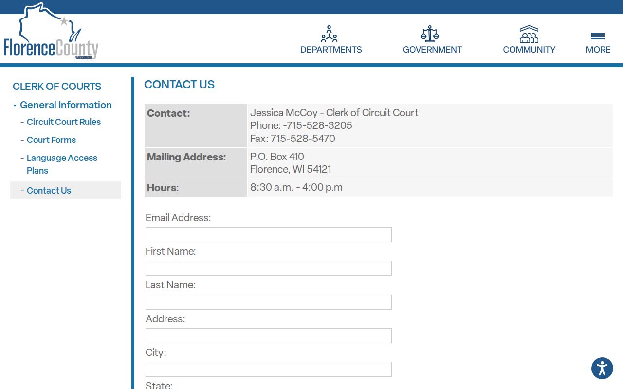 Florence County court docket clerk contact form