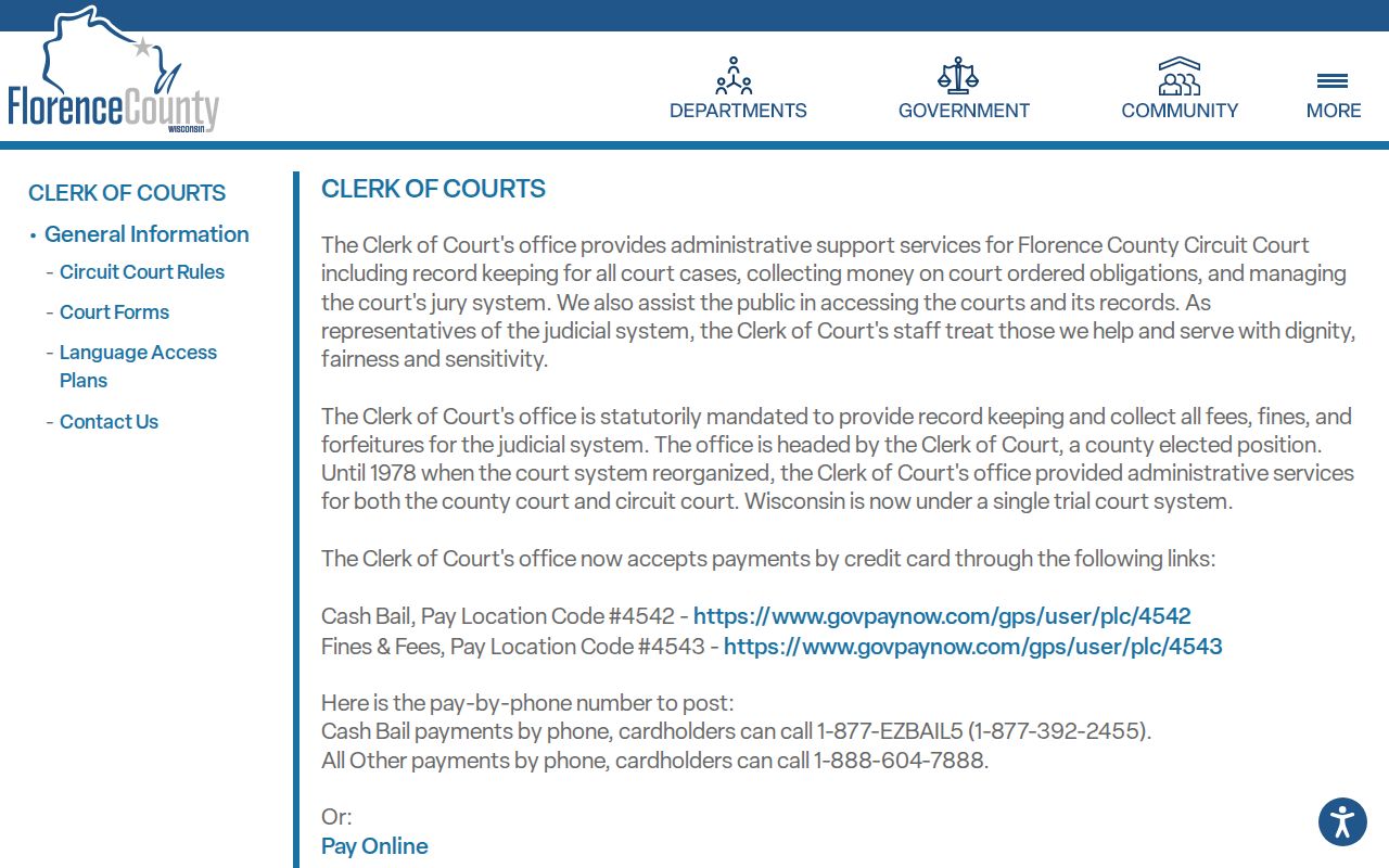 Florence County Clerk of Circuit Court docket and records page